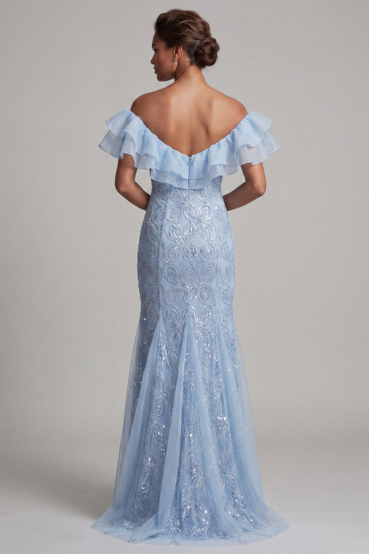 Off-the-Shoulder Light Blue Mermaid Ruffled Sequin Long Mother of the Bride Dress with Slit