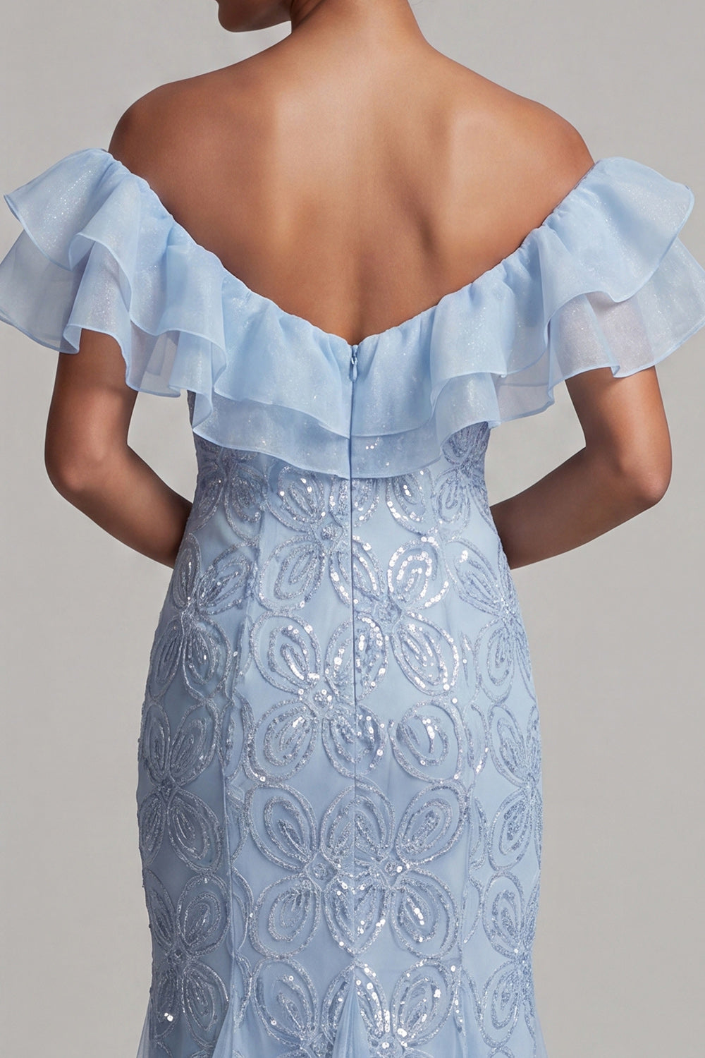 Off the Shoulder Light Blue Mermaid Ruffled Sequins Long Mother Of the Bride Dress with Slit