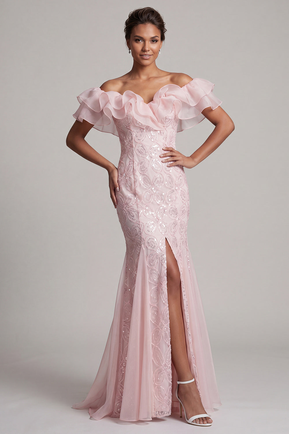 Off the Shoulder Light Blue Mermaid Ruffled Sequins Long Mother Of the Bride Dress with Slit
