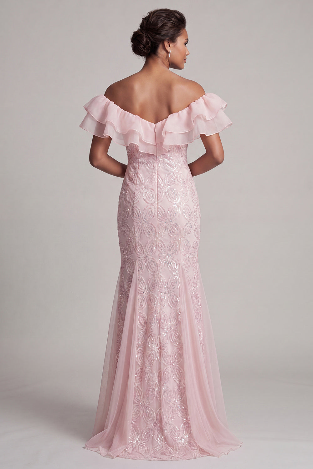 Off the Shoulder Light Blue Mermaid Ruffled Sequins Long Mother Of the Bride Dress with Slit