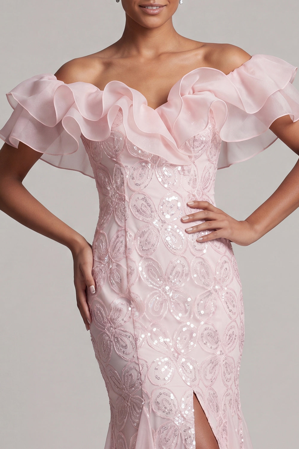 Off the Shoulder Light Blue Mermaid Ruffled Sequins Long Mother Of the Bride Dress with Slit