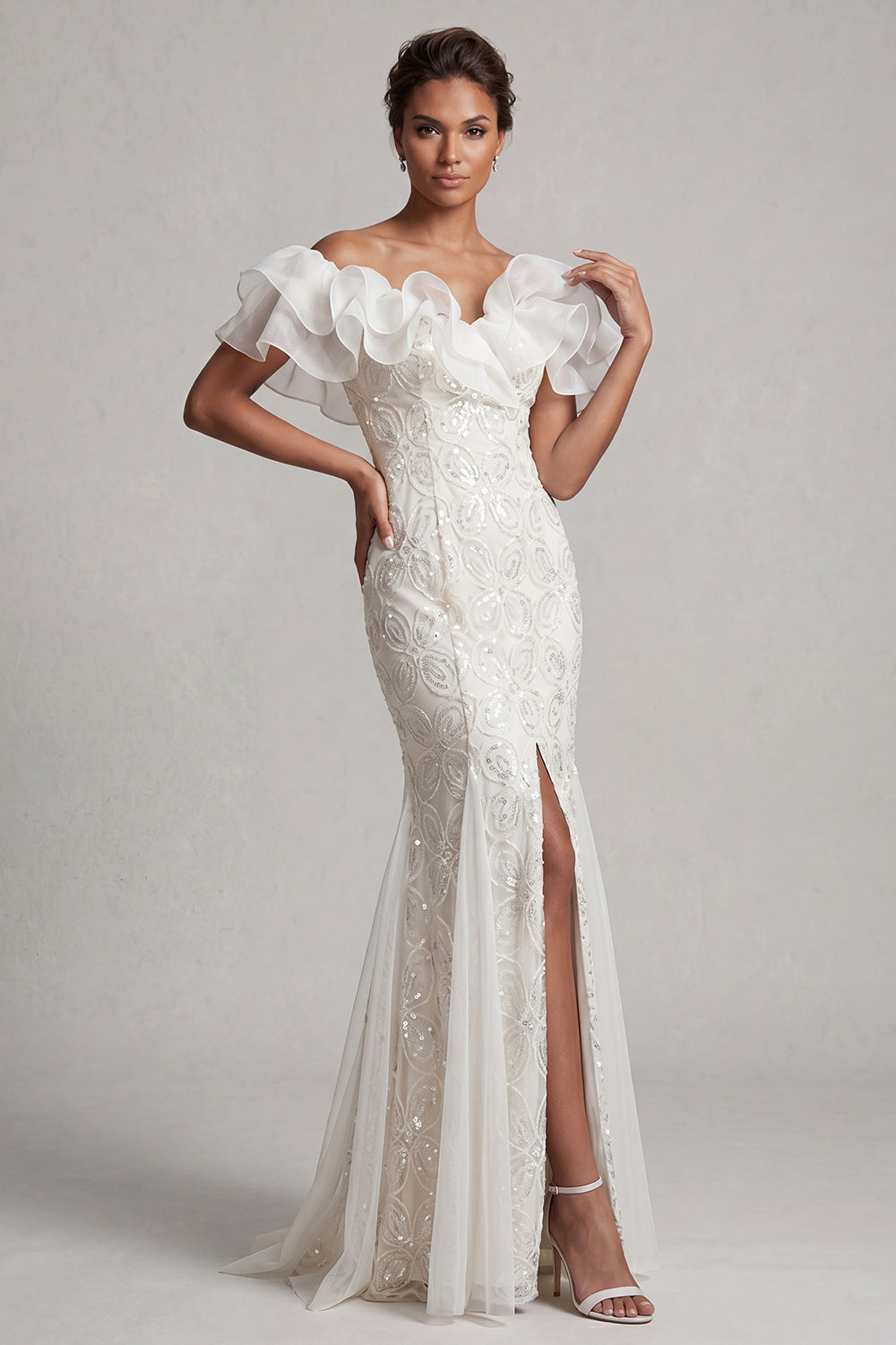 Off the Shoulder Light Blue Mermaid Ruffled Sequins Long Mother Of the Bride Dress with Slit