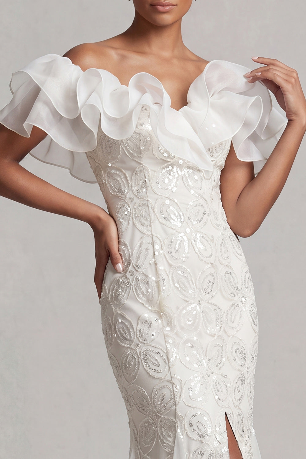 Off the Shoulder Light Blue Mermaid Ruffled Sequins Long Mother Of the Bride Dress with Slit