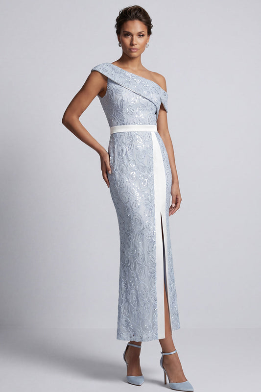 One Shoulder Dusty Blue Mermaid Sequins Midi Mother Of the Bride Dress with Slit