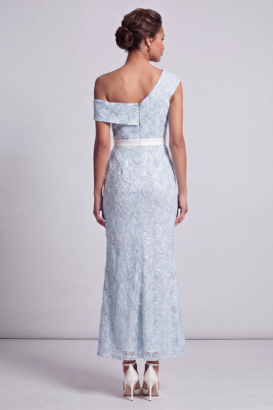 One Shoulder Dusty Blue Mermaid Sequins Midi Mother Of the Bride Dress with Slit