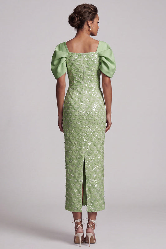 Robe midi de mère de la mariée vert clair sirène à sequins avec manches bouffantes