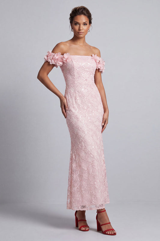 Pink Off-the-Shoulder Mermaid Sequins Midi Mother Of the Bride Dress with 3D Flowers