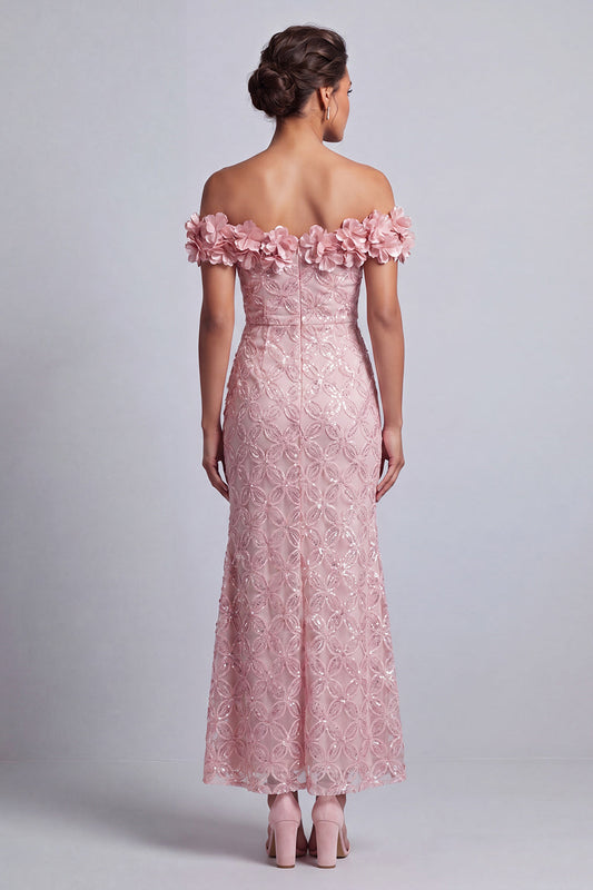 Pink Off-the-Shoulder Mermaid Sequins Midi Mother Of the Bride Dress with 3D Flowers