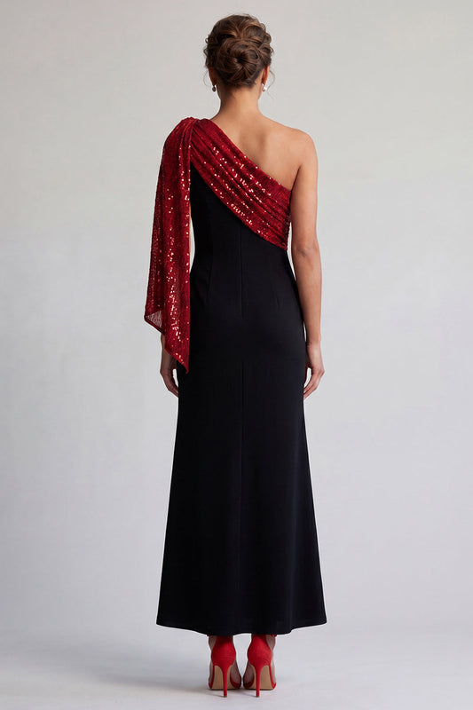 Black and Red One-Shoulder Mermaid Midi Mother of the Bride Dress with Sequins