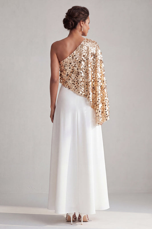 One Shoulder Champagne A-Line Midi Mother Of the Bride Dress with Sequins