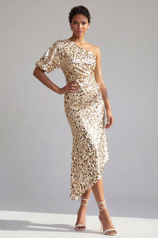 Mermaid Champagne One-Shoulder Asymmetrical Ruched Sequin Midi Mother of the Bride Dress