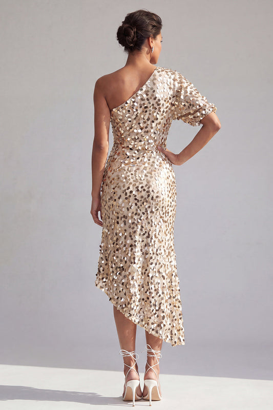 Mermaid Champagne One-Shoulder Asymmetrical Ruched Sequin Midi Mother of the Bride Dress