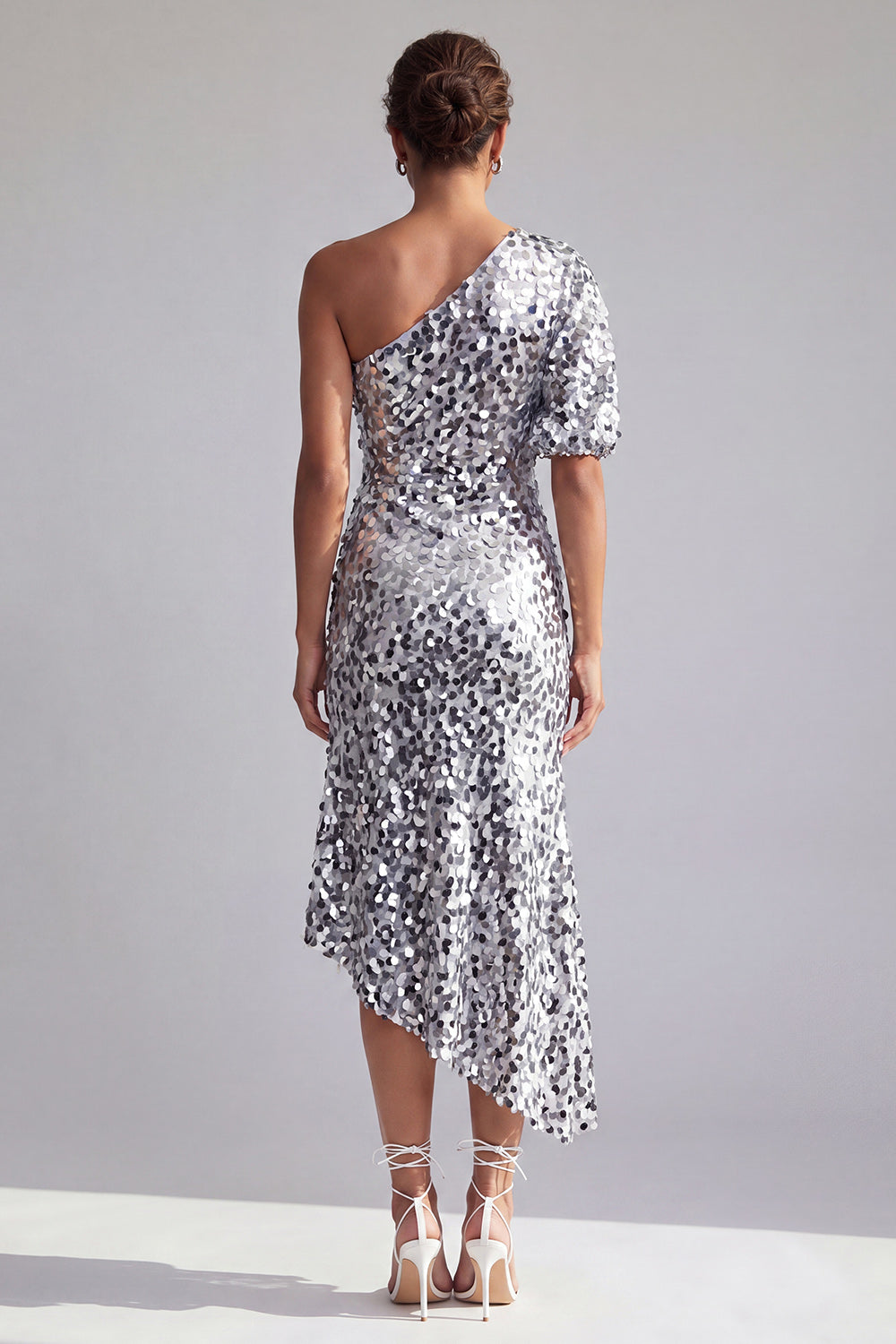 Robe de Mère de la Mariée Mi-Longue Sirène Champagne Asymétrique à Une Épaule Froncée à Paillettes