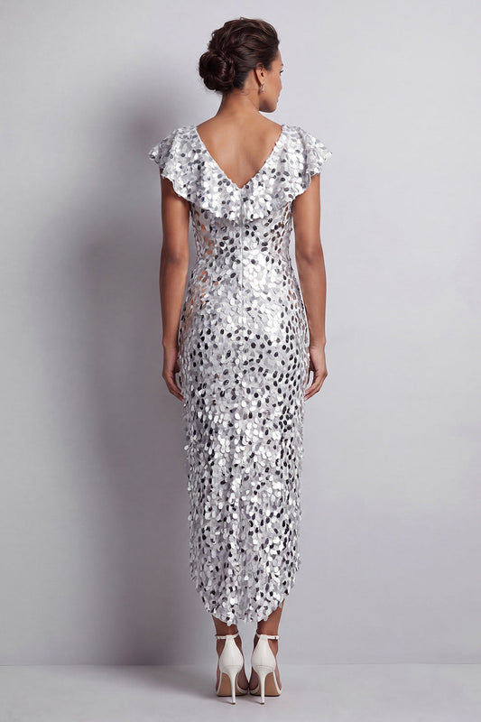 Mermaid Silver V-Neck Asymmetrical Sequins Midi Mother of the Bride Dress with Ruffles