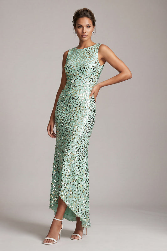 Robe de mère de la mariée asymétrique mi-longue à col rond vert scintillant avec paillettes