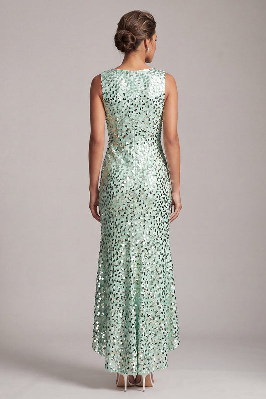 Robe de mère de la mariée asymétrique mi-longue à col rond vert scintillant avec paillettes