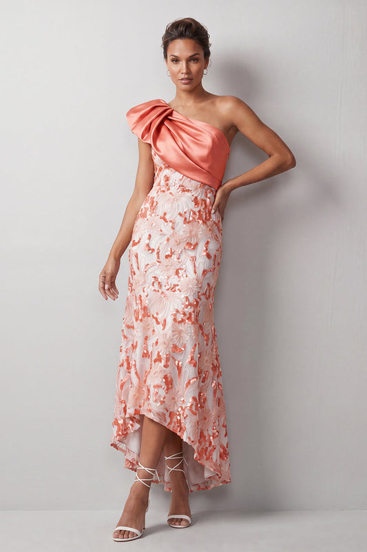 Peach Mermaid One-Shoulder Asymmetrical Sequined Midi Mother of the Bride Dress