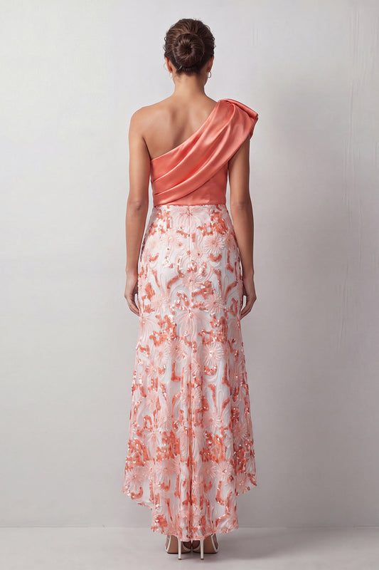 Peach Mermaid One-Shoulder Asymmetrical Sequined Midi Mother of the Bride Dress