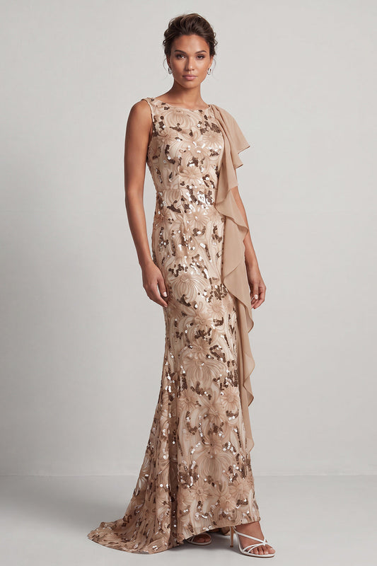 Champagne Mermaid Sequins Bateau Neck Long Mother Of the Bride Dress with Ruffles