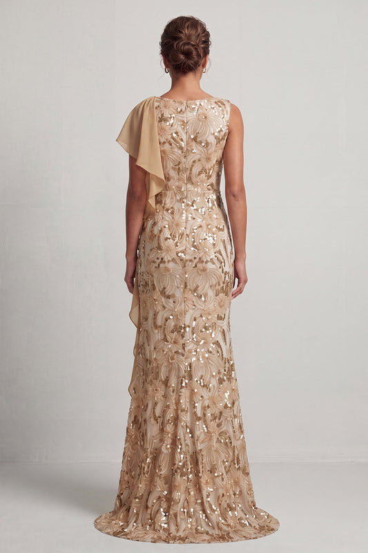 Champagne Mermaid Sequins Bateau Neck Long Mother Of the Bride Dress with Ruffles