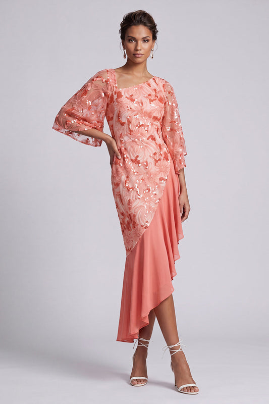 Robe de mère de la mariée sirène pastèque asymétrique à paillettes avec volants