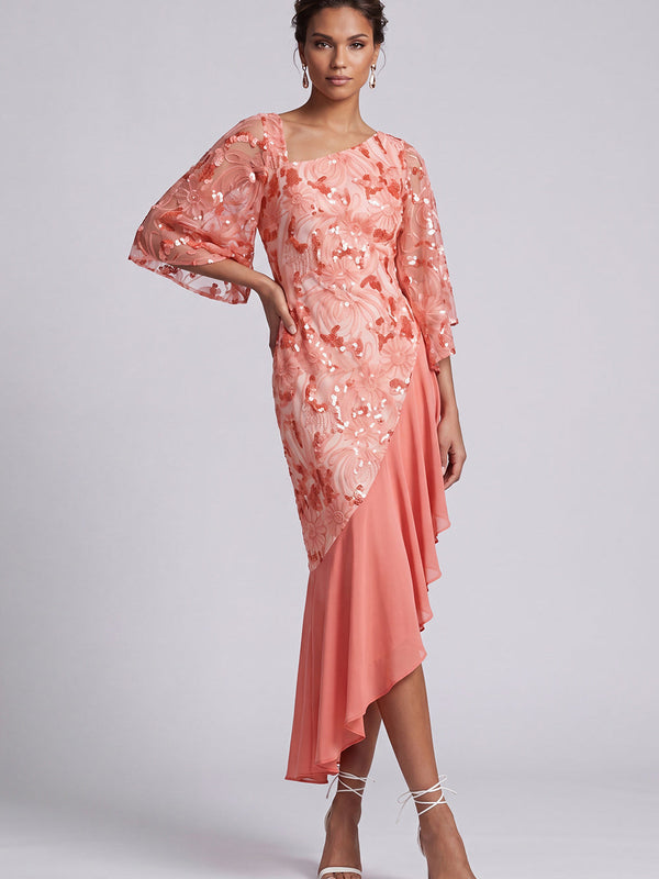 Robe de mère de la mariée sirène pastèque asymétrique à paillettes avec volants