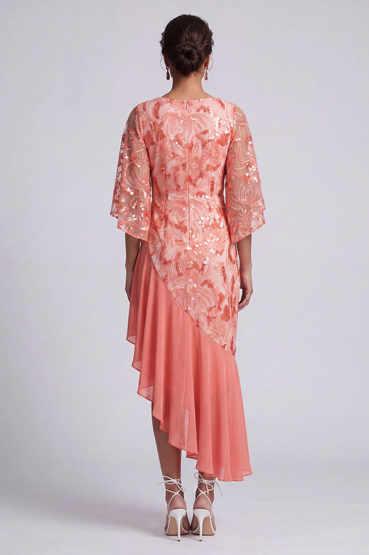 Robe de mère de la mariée sirène pastèque asymétrique à paillettes avec volants