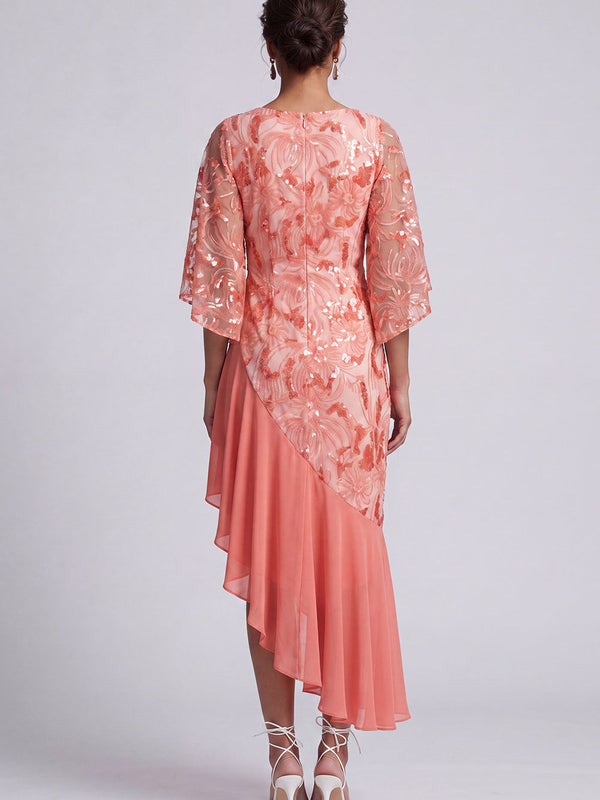 Robe de mère de la mariée sirène pastèque asymétrique à paillettes avec volants