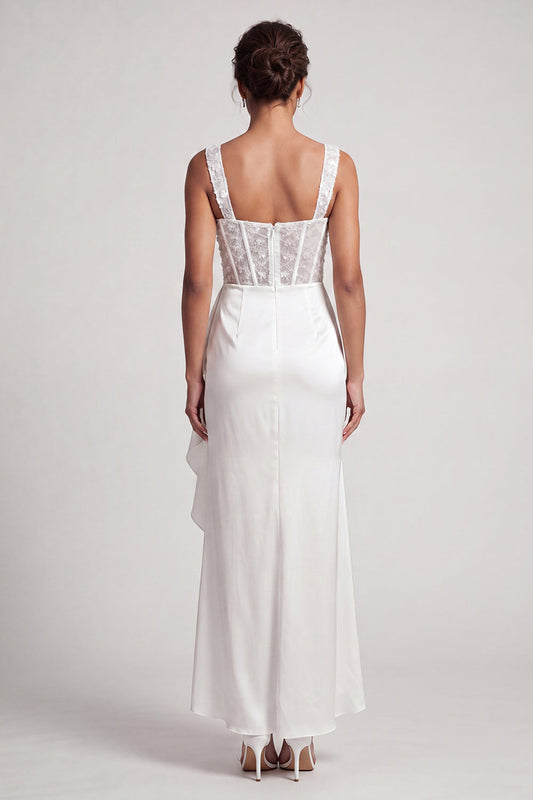 Robe de cocktail sirène blanche avec corsage et sequins froncés à volants, longueur midi, pour la mère de la mariée