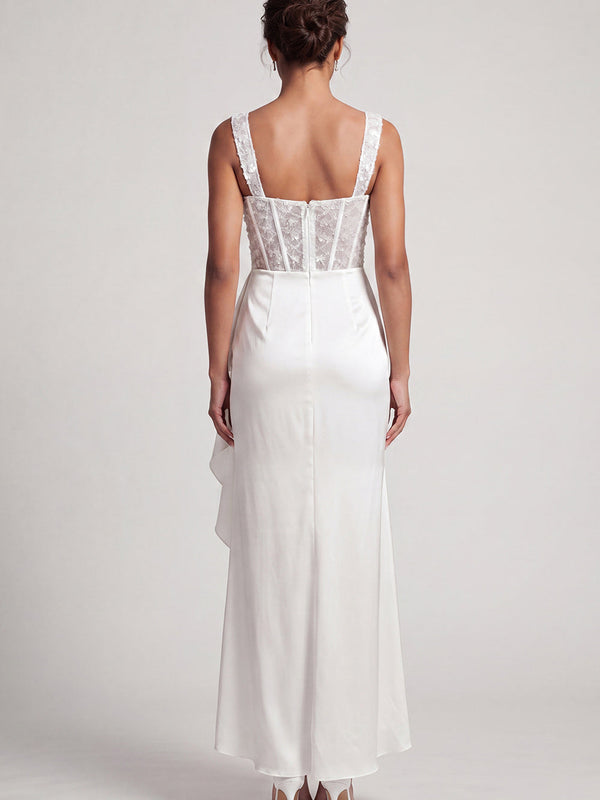 Robe de cocktail sirène blanche avec corsage et sequins froncés à volants, longueur midi, pour la mère de la mariée