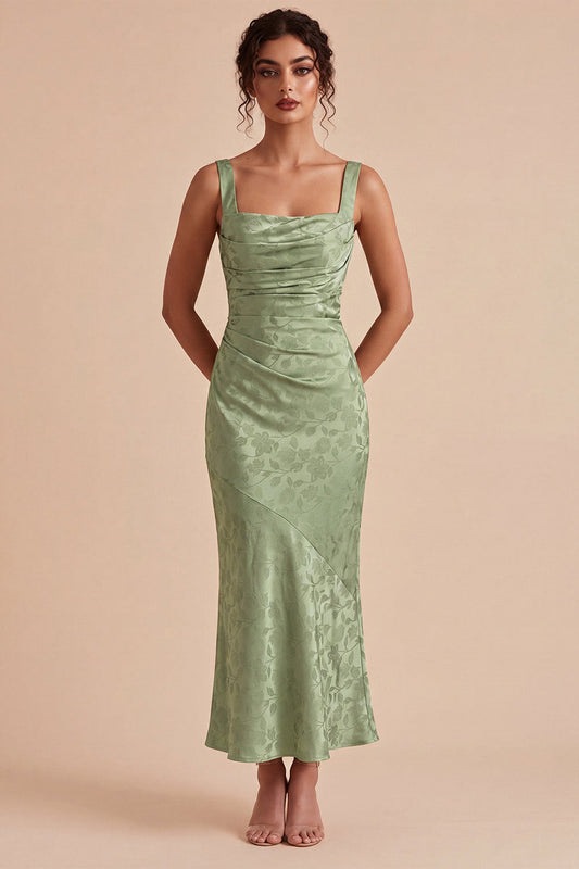 Robe midi sirène vert clair à col carré, imprimé floral et froncé
