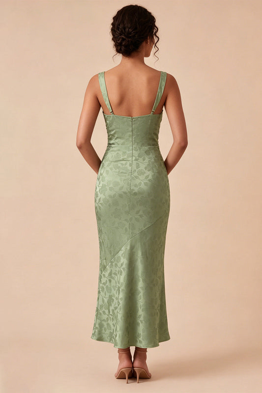 Robe midi sirène vert clair à col carré, imprimé floral et froncé