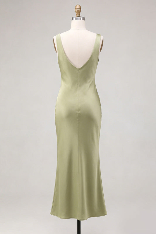 Robe midi sirène en satin vert clair à col bénitier
