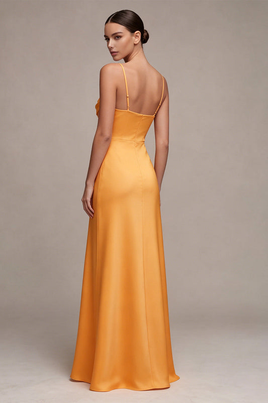 Light Yellow Satin Spaghetti Straps Mermaid Ruched Maxi Dress with Slit