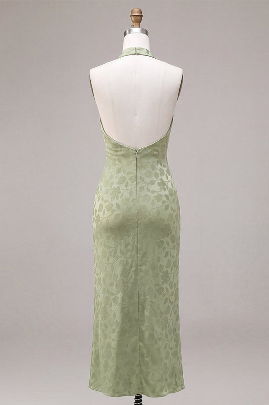 Robe mi-longue sirène imprimé floral vert clair à col halter