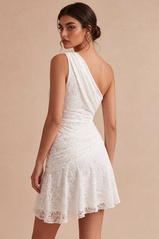 One Shoulder Ruched Lace Asymmetrical Bodycon Little White Dress