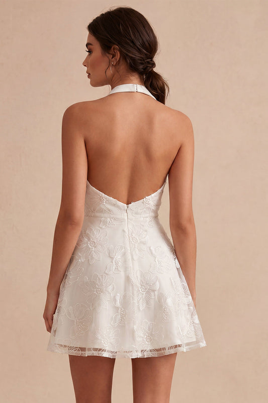 A-Line Halter Neck Floral Little White Dress
