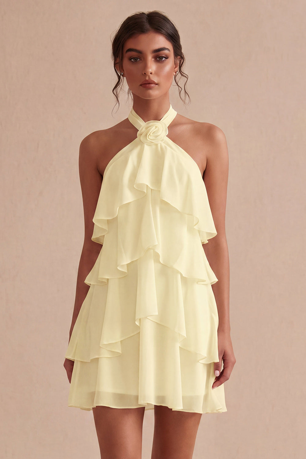 A-Line Halter Neck Floral Chiffon Little White Dress with Ruffles