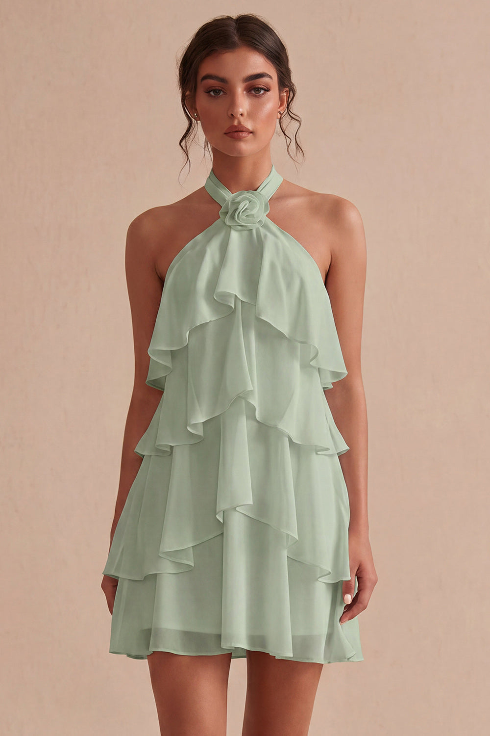 A-Line Halter Neck Floral Chiffon Little White Dress with Ruffles