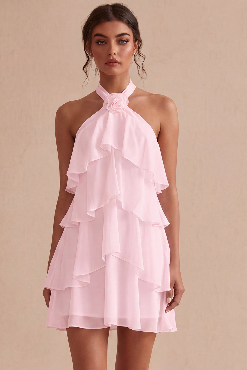 A-Line Halter Neck Floral Chiffon Little White Dress with Ruffles