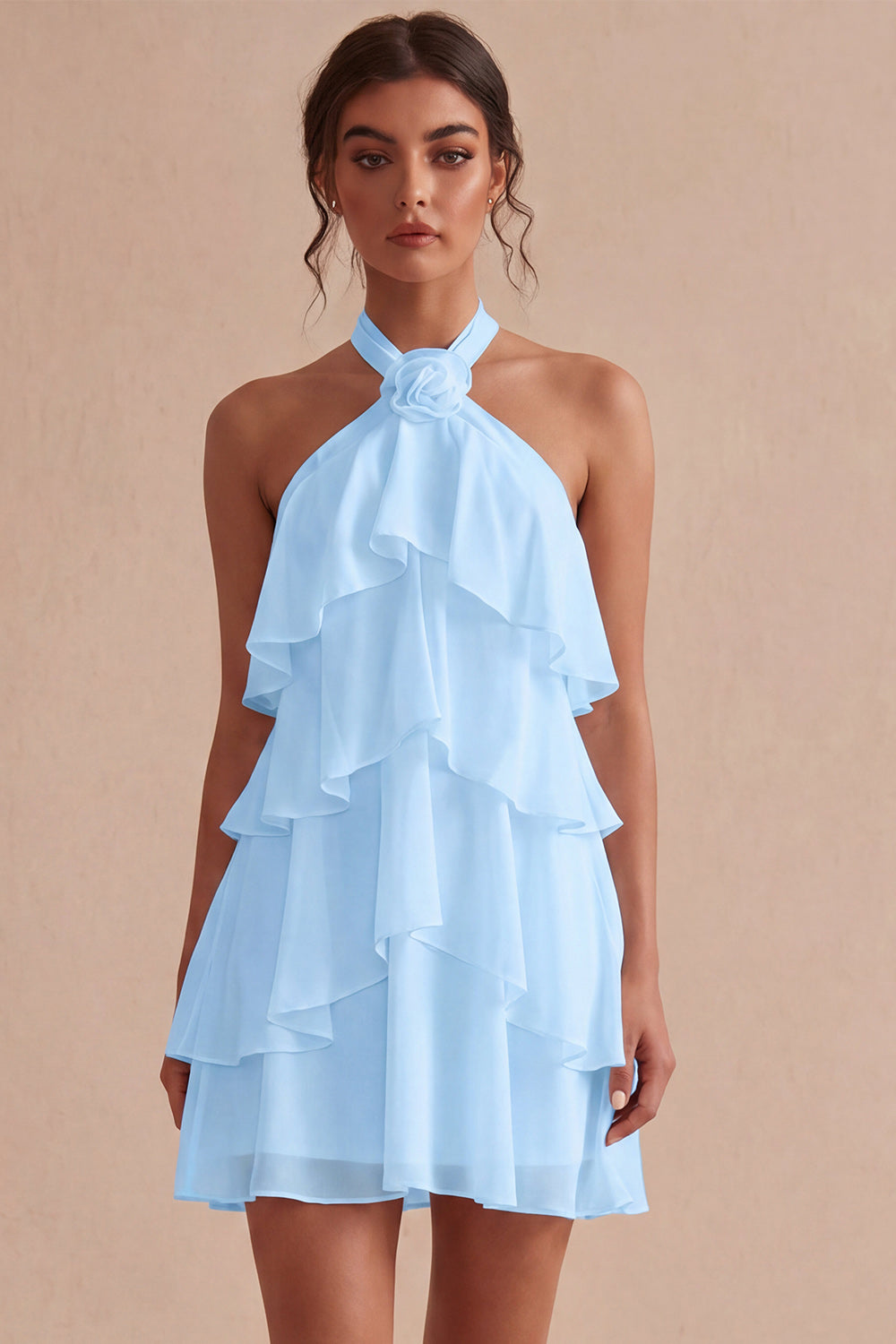 A-Line Halter Neck Floral Chiffon Little White Dress with Ruffles