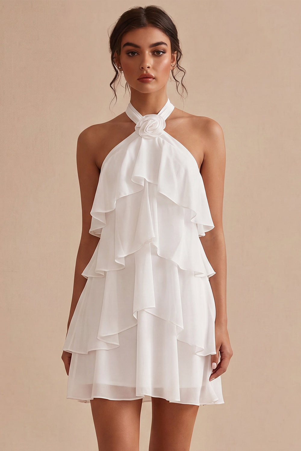 A-Line Halter Neck Floral Chiffon Little White Dress with Ruffles