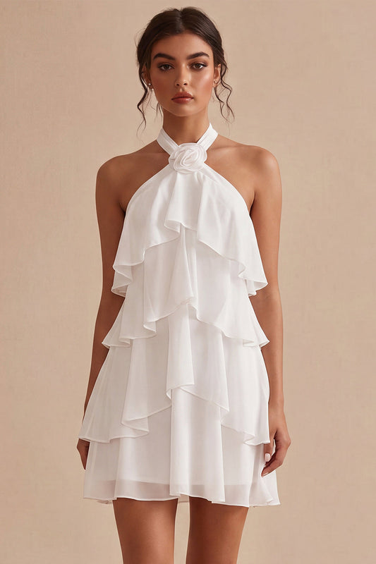 A-Line Halter Neck Floral Chiffon Little White Dress with Ruffles