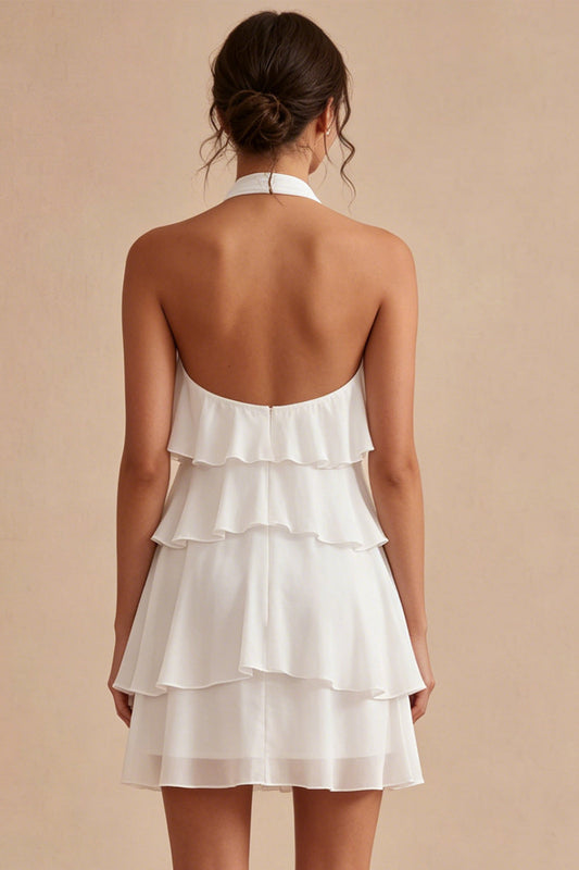 A-Line Halter Neck Floral Chiffon Little White Dress with Ruffles