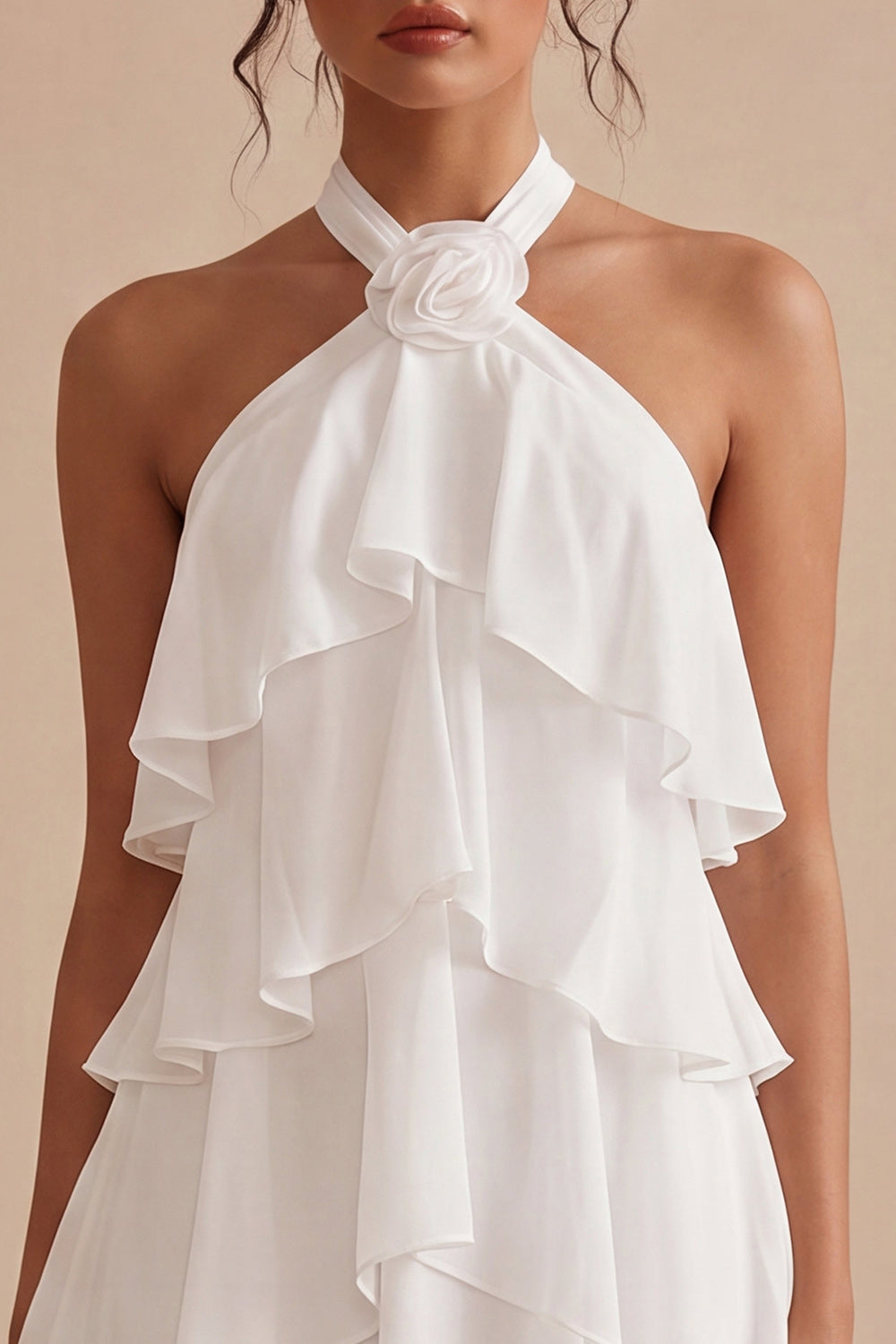 A-Line Halter Neck Floral Chiffon Little White Dress with Ruffles