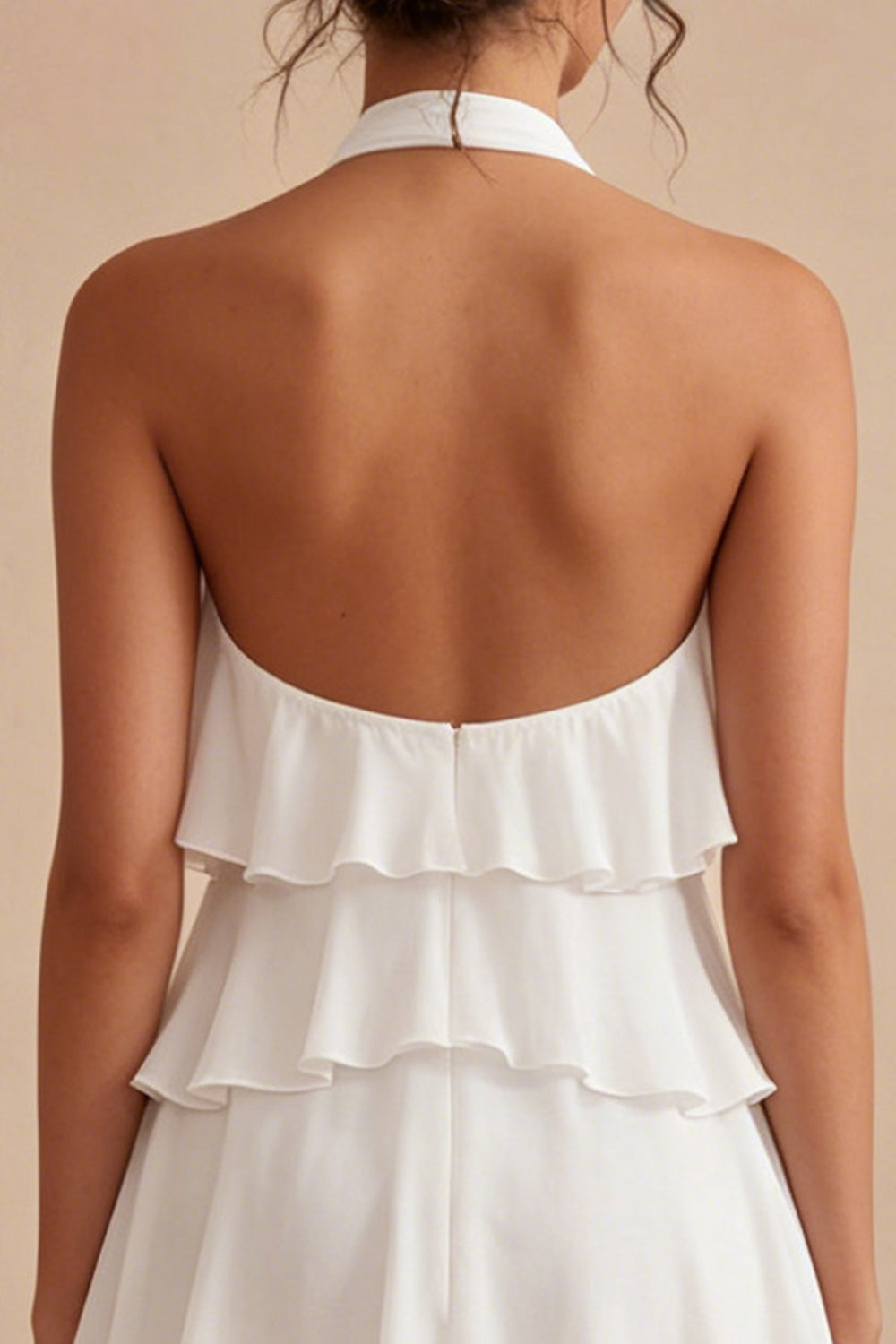 A-Line Halter Neck Floral Chiffon Little White Dress with Ruffles