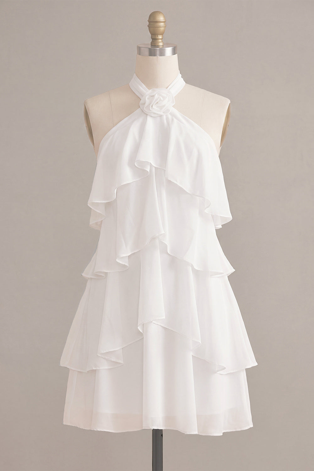 A-Line Halter Neck Floral Chiffon Little White Dress with Ruffles