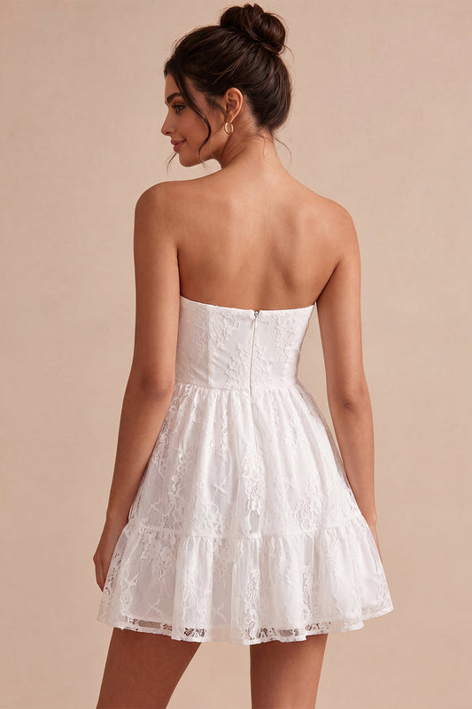 Strapless A-Line Floral Ruffled Little White Dress