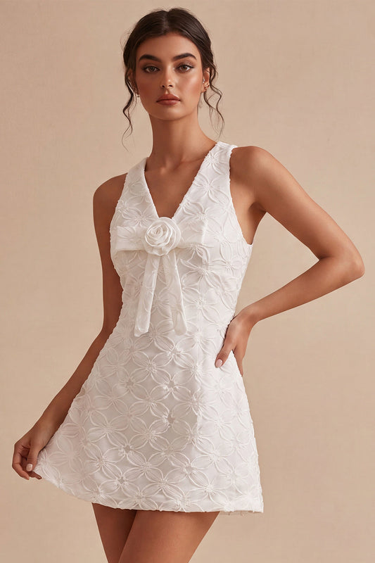 A-Line V-Neck Little White Dress with 3D Flower