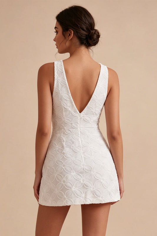 A-Line V-Neck Little White Dress with 3D Flower